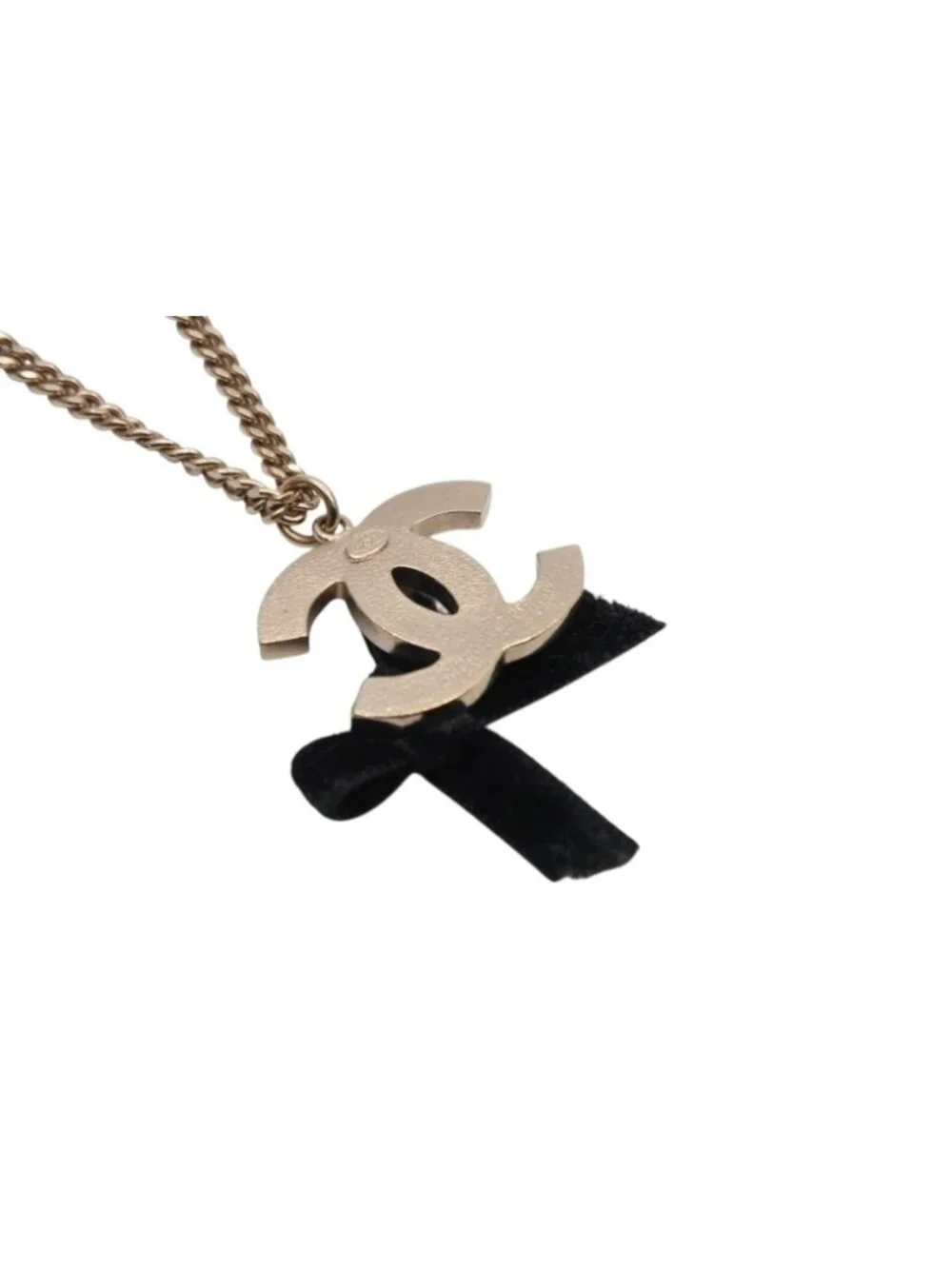 Chanel CC Logo Ribbon Necklace Metal Black Gold